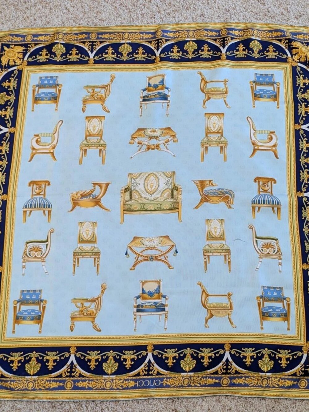 GUCCI Silk Scarf Chairs Print Gold Blue Green Botanical Rolled Edges 35" EUC - Picture 2 of 5